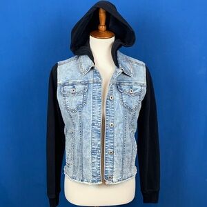 Abercrombie Kids Blue Denim Jacket with Black sweatshirt sleeves/hood